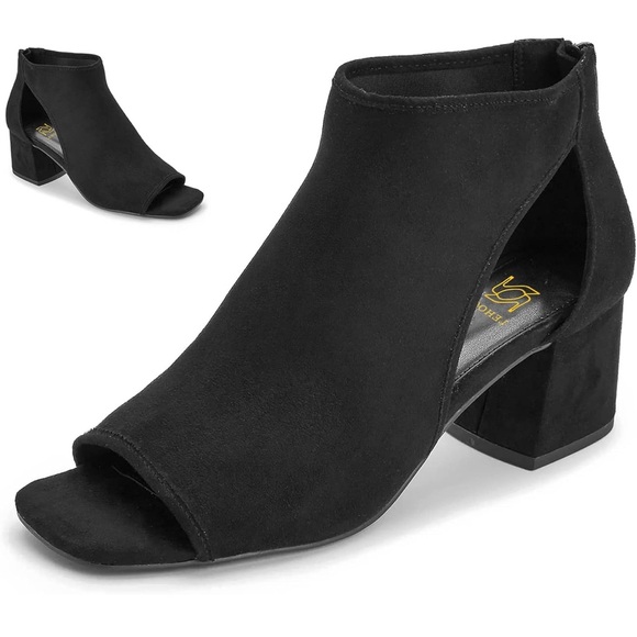 Chunky High Heel Booties Suede Open Toe Side Cut-Out Ankle Back Zipper 2” Heel - Picture 2 of 10